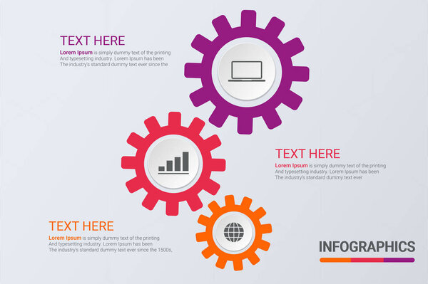 Три шага инфографики. Стратегия рабочего процесса или работа в команде. Шаблон бизнес-винтиков с опциями для брошюры, диаграммы, рабочего процесса, графика, веб-дизайн
