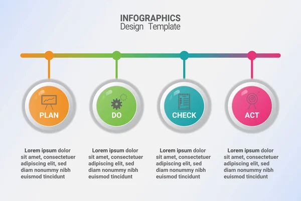 Infographics pdca yönetimi yöntemi diyagram. Sunu ve eğitim için vektör iş şablonu.
