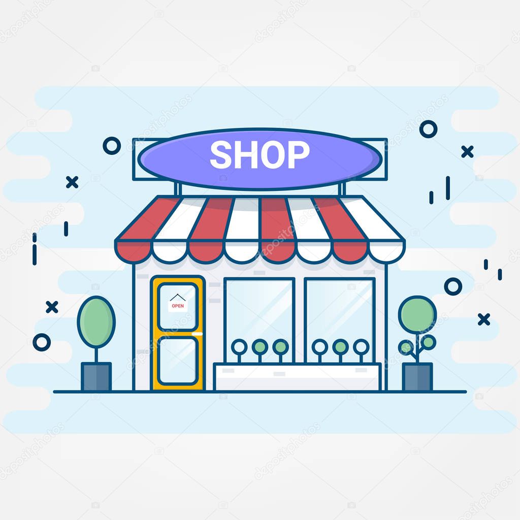 Flat line art style. design for shopping store building icons. Online shopping service.