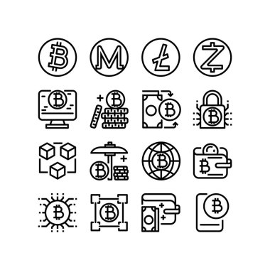 Cryptocurrency, ince çizgi Icons set ile hareket eden app ve web uygulaması için. Piksel mükemmel. 
