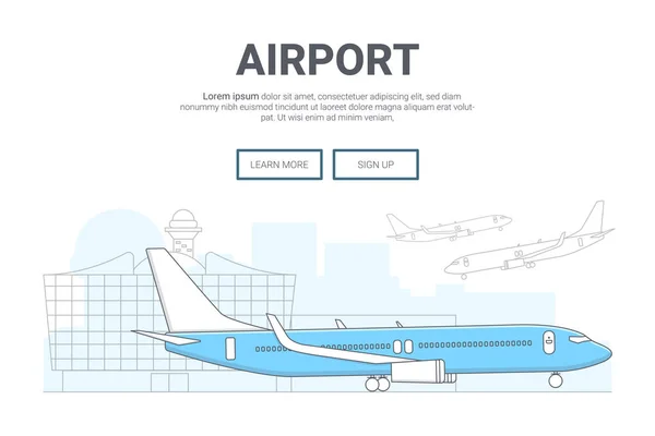 Landschap Vliegtuig Luchthaven Achtergrond Ontwerp Voor Het Aanlanden Van Pagina — Stockvector