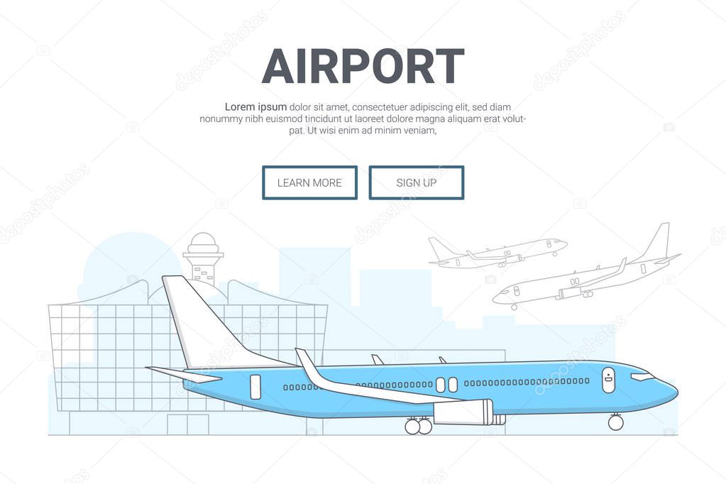 Landscape airplane on airport background. design for landing page website. Thine Line art 