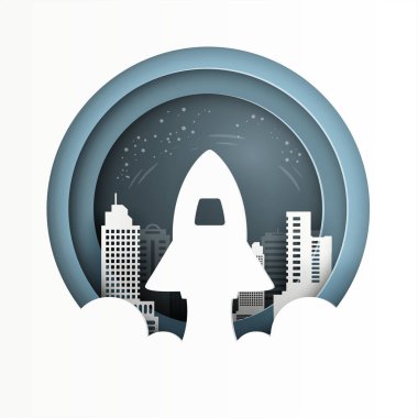 İş Şirket başlangıç kavramı. Roket fırlatma cityscape arka plan üzerinde. Kağıt sanat tarzı.