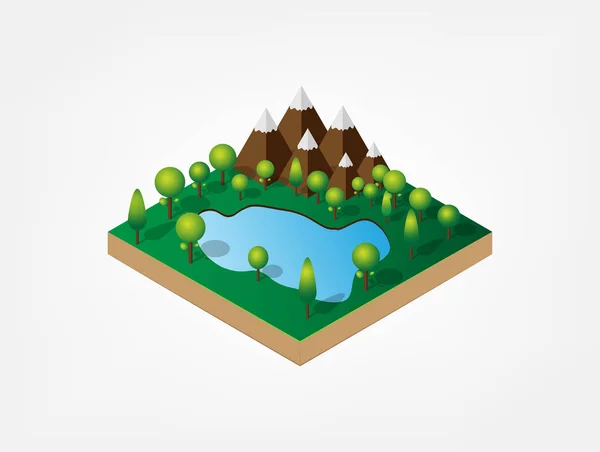 Isometrisches 3D natürlicher Berge und Seen im Wald. Natürliche — Stockvektor