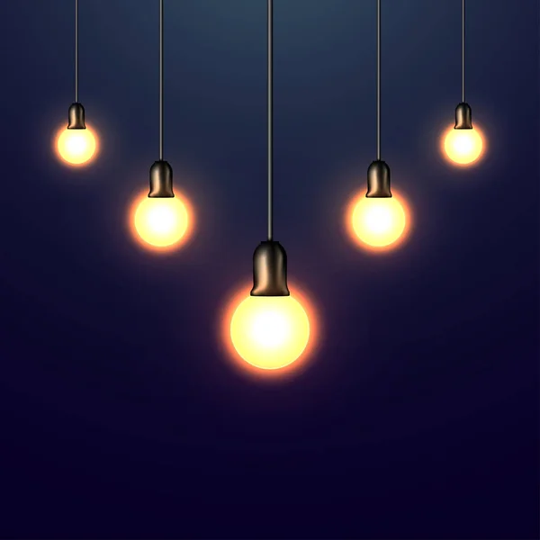 Glühbirnen realistisch mit leuchtendem Licht auf blauem Hintergrund — Stockvektor