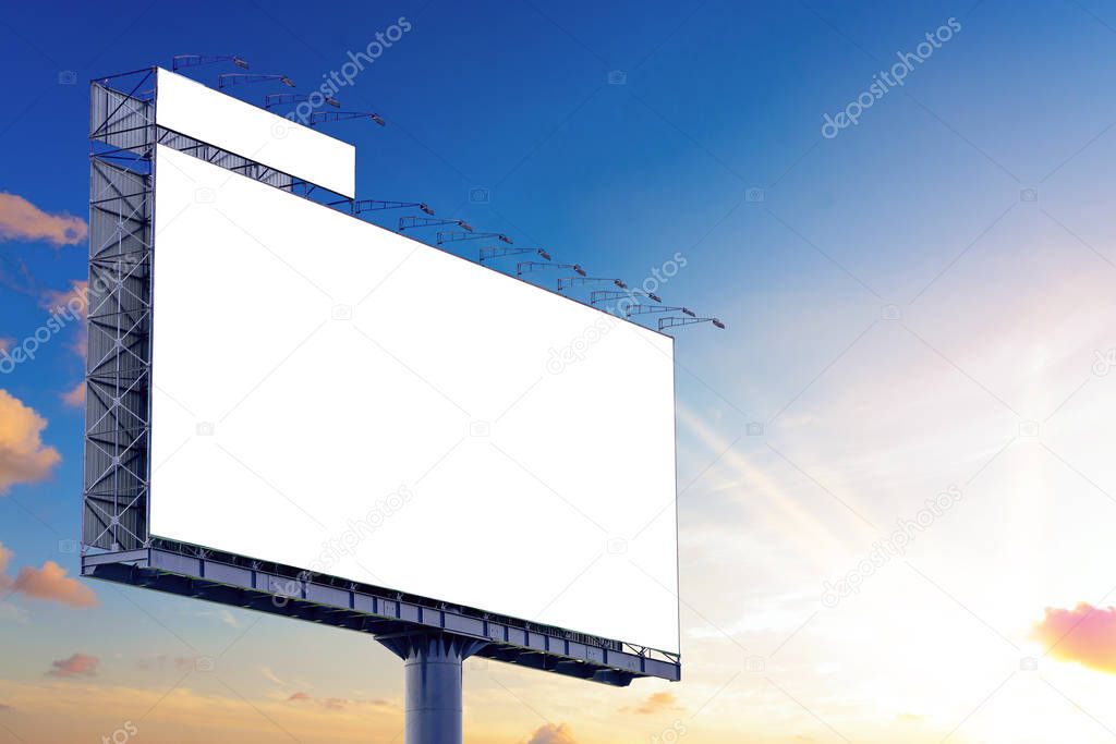 Blank billboard mockup with white screen against clouds and suns