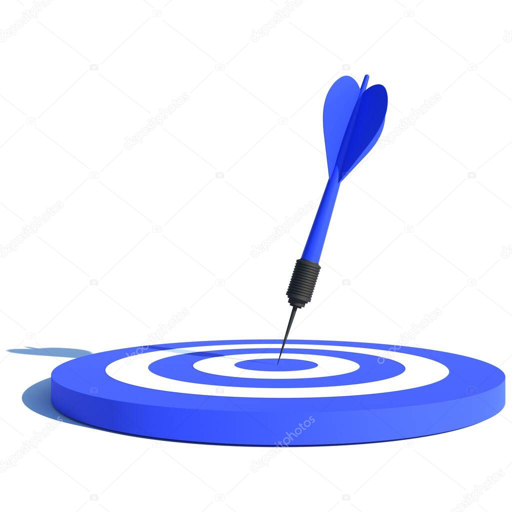 Dart arrow hitting target center dartboard. Business targeting focus concept. 3D rendering