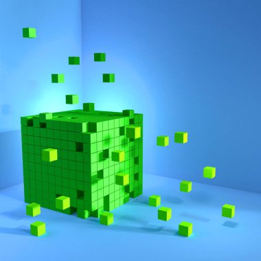 3 boyutlu kare şeklinde. Soyut dijital teknoloji geçmişi. 3B görüntüleme