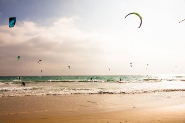 Tarifa plajı. Güney İspanya'da uçurtma sörfü plaj. Costa del Sol, Endülüs, İspanya. Fotoğraf 14 Temmuz 2019.