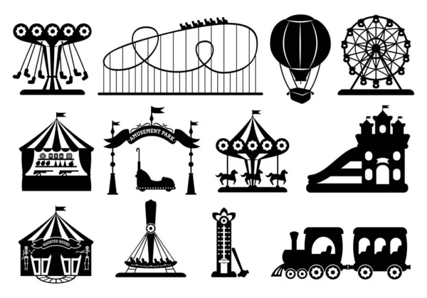 Parque de atracciones glifo negro conjunto de dibujos animados vector — Vector de stock