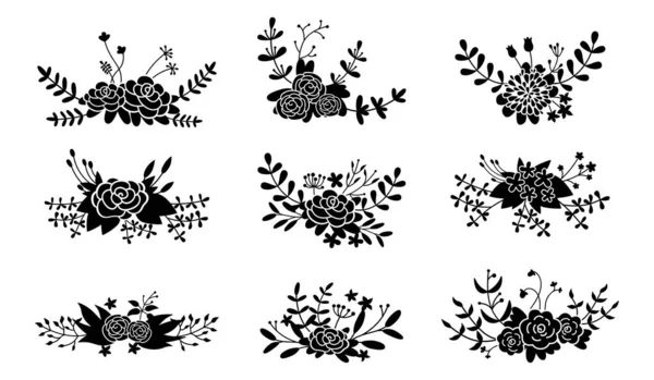 Composition florale ensemble fleur mariage glyphe noir — Image vectorielle