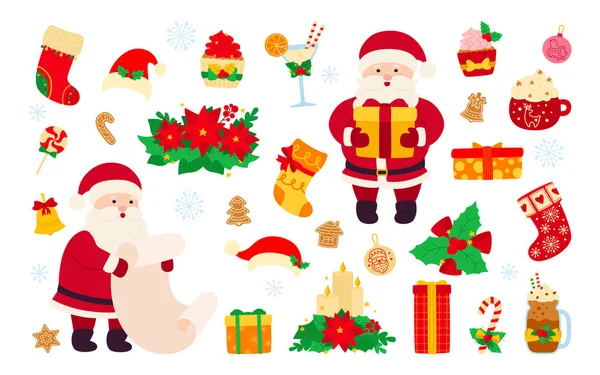 Новогодний набор Санта и печенье подарок вектор плоский — стоковый вектор
