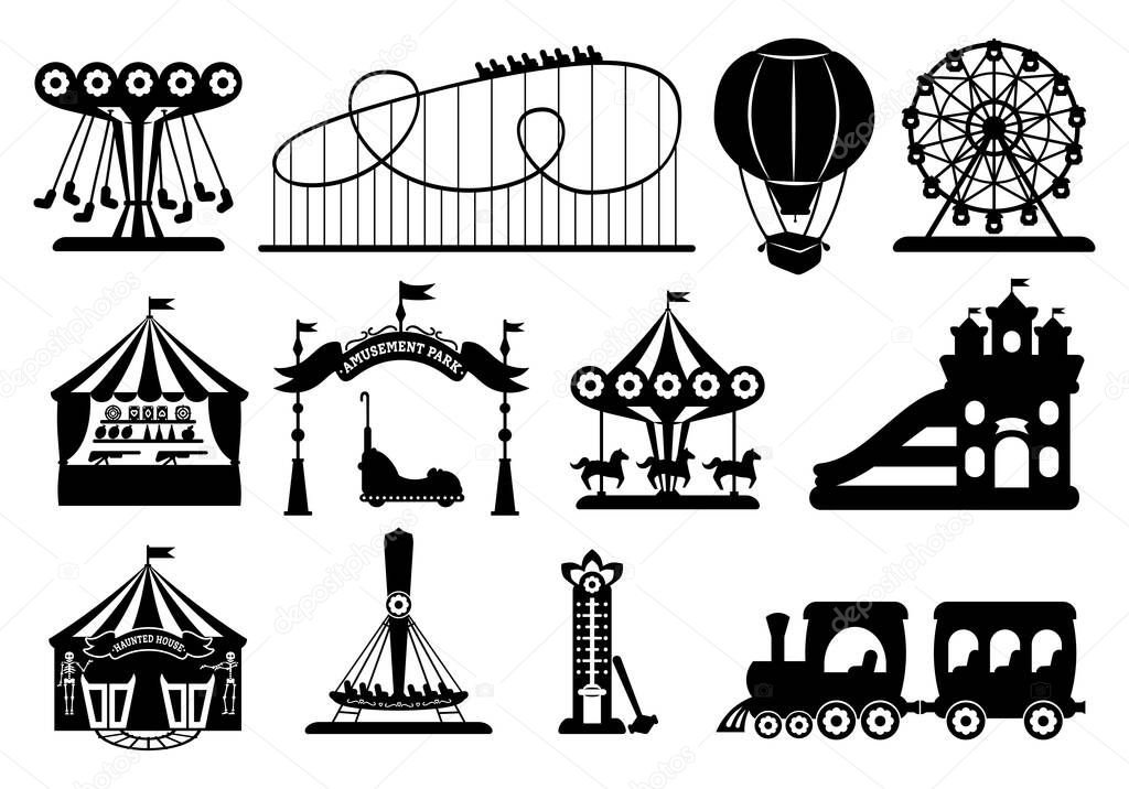 Amusement park black glyph set cartoon vector