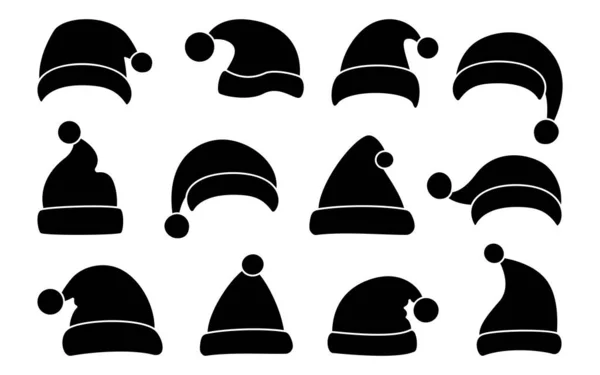 Chapéu de Papai Noel conjunto silhueta plana de glifo preto —  Vetores de Stock