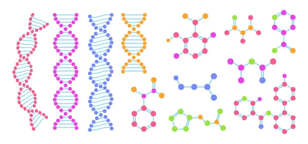 Estrutura molecular átomo químico conjunto cartoon plana — Vetor de Stock