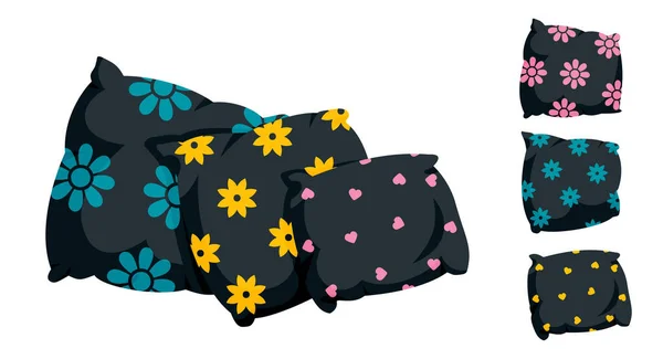 Conjunto de dibujos animados de almohada negra con patrón decorativo — Vector de stock