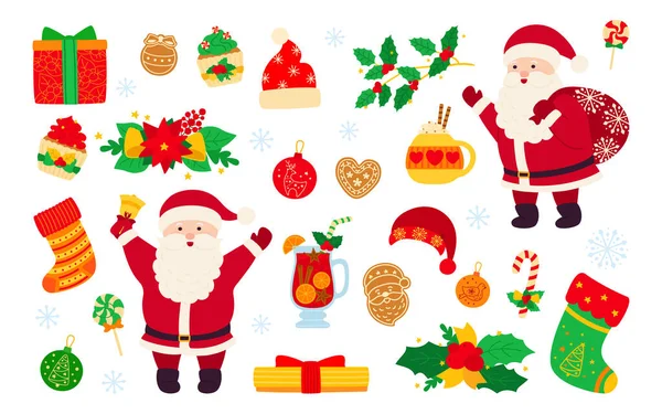 Nieuwjaar kerst set platte cartoon vector santa — Stockvector