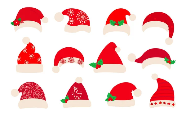 Kerstman hoed kerst platte set rode kap vector — Stockvector