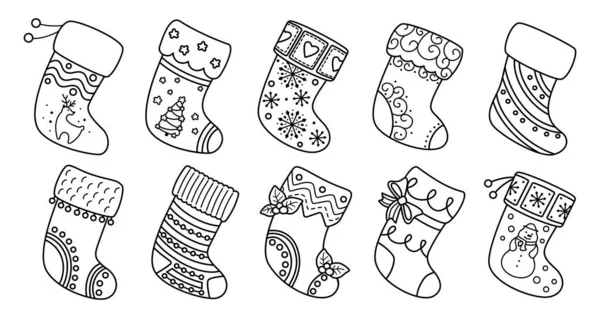 Kerstmis sokken platte lijn set zwart lineaire cartoon — Stockvector