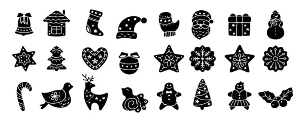 Weihnachten Symbol schwarz glyph flache Cartoon-Set Vektor — Stockvektor