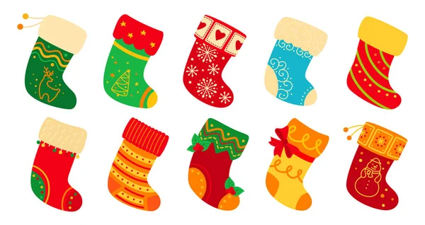 Chaussettes de Noël ensemble plat bas de vacances dessin animé — Image vectorielle