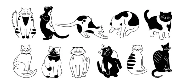 Personaje gato dibujos animados planos monocromo diseño conjunto — Vector de stock