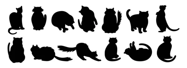 Cat character black flat cartoon silhouette set — Stock Vector