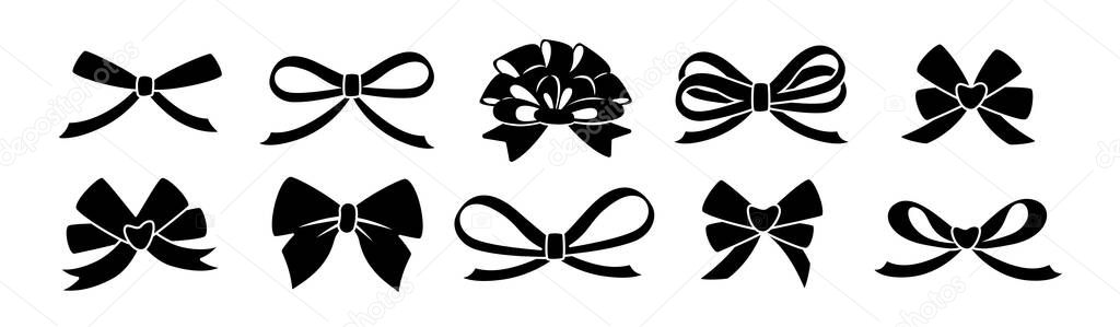 Ribbon bow black glyph knot set silhouette vector