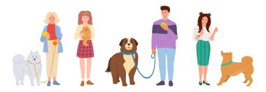 İnsanlar köpekleri gezdirir Düz set kız vektörü