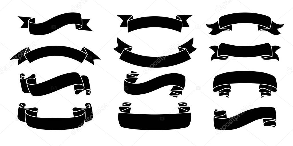 Ribbon hand drawn set tape black silhouette vector