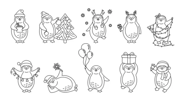 ペンギンクリスマスリニア漫画かわいいセットベクトル — ストックベクタ
