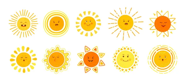 Sol plano conjunto mano dibujado sol lindo sol vector — Archivo Imágenes Vectoriales