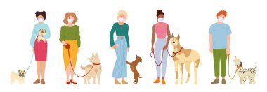 İnsanlar beyaz tıbbi yüz maskesi köpek taşıyıcısı