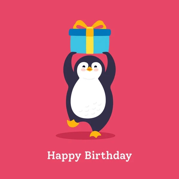 Carte d'anniversaire pingouin avec ballon plat vecteur — Image vectorielle