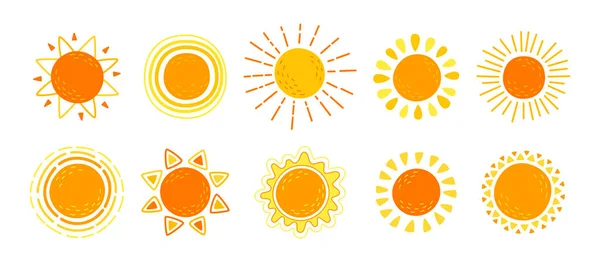 Sol plano conjunto mano dibujado infantil lindo sol vector — Archivo Imágenes Vectoriales