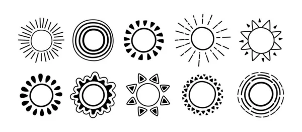 Słońce czarny ikona doodle zestaw promienie słońca wektor kreskówki — Wektor stockowy
