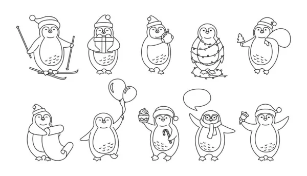 ペンギンクリスマス漫画ライン新年セットベクトル — ストックベクタ
