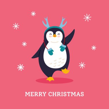 Penguen Mutlu Noeller kartpostal düz kart vektörü