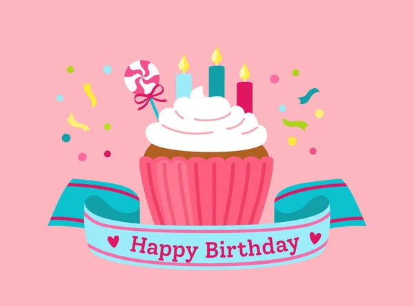 Birthday greeting flat cupcakes ribbon vector — Stock Vector