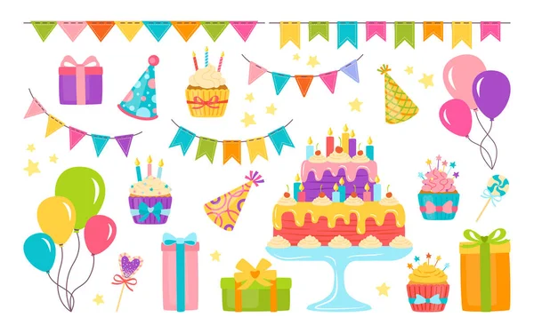 Elementos de aniversário conjunto cartoon presente bolo vector — Vetor de Stock