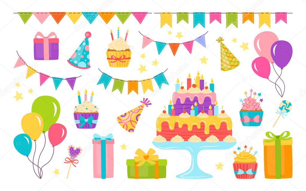 Birthday elements set cartoon present cake vector