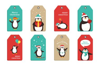 Penguen xmas etiket etiketi eğlenceli düz set vektörü