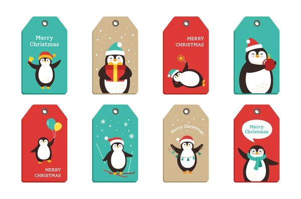 Pinguin xmas label tag aufkleber fun flat set vektor — Stockvektor