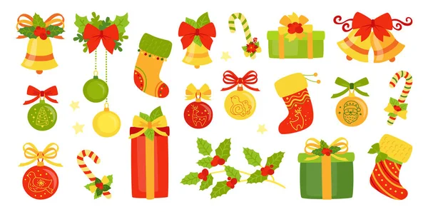 Navidad campanas Año Nuevo Holly regalo conjunto vector — Archivo Imágenes Vectoriales