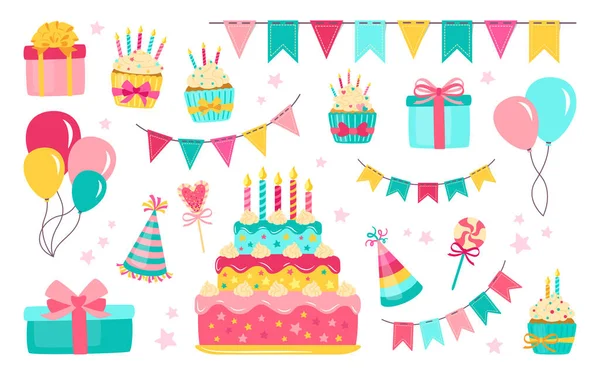 Éléments d'anniversaire ensemble coloré boîte cadeau vecteur — Image vectorielle