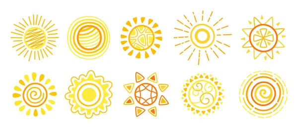 Ensemble de doodle soleil dessiné jaune soleil brillant vecteur — Image vectorielle