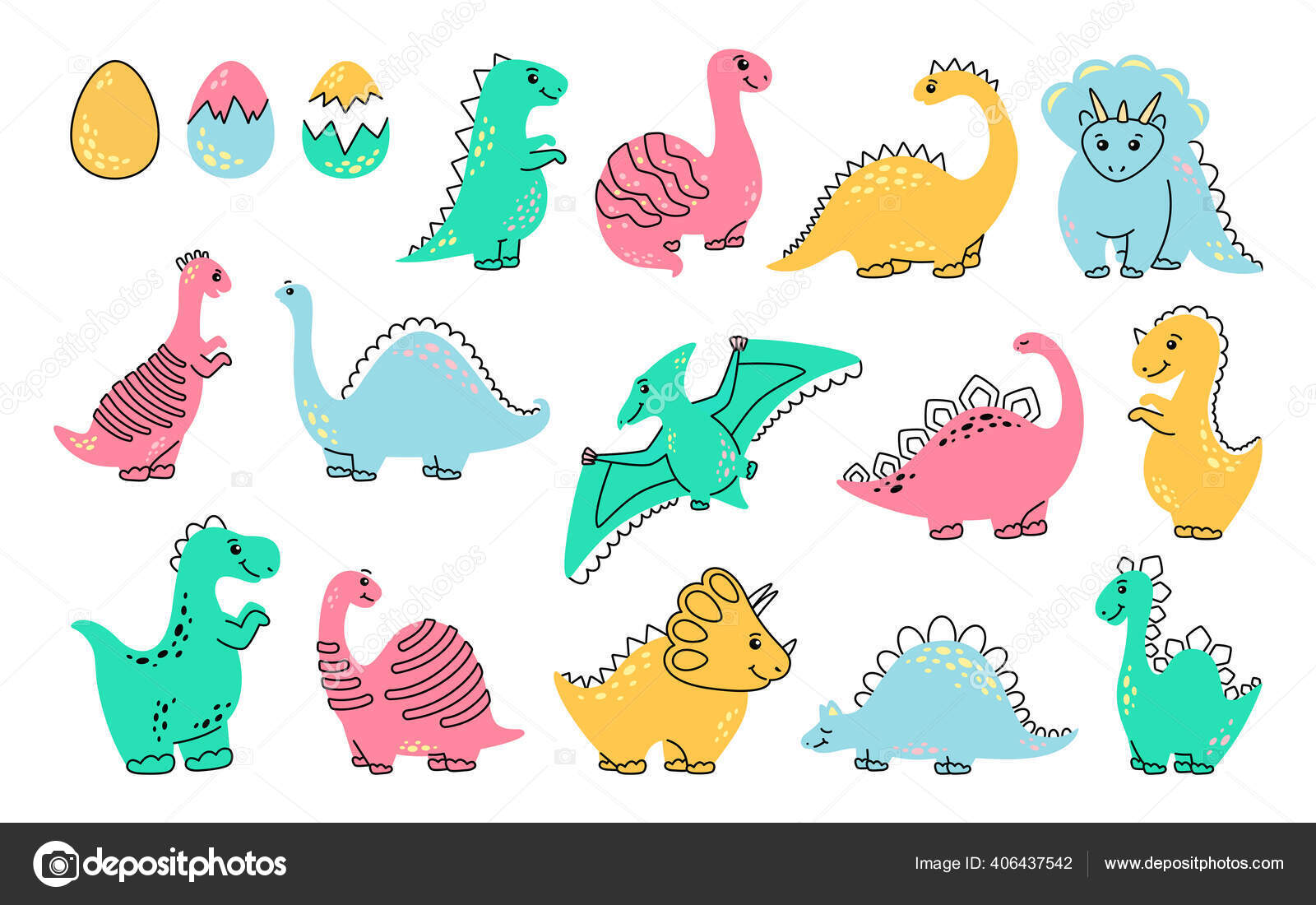 Dinosaur cartoon set funny colorful kids design Stock Vector Image by  ©neliakott #406437542