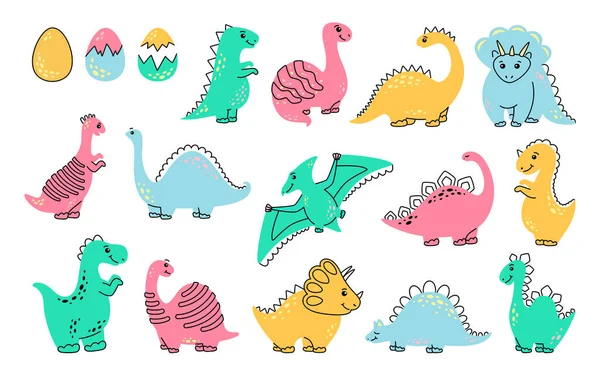 Dibujos animados dinosaurio conjunto divertido colorido diseño de los niños — Vector de stock