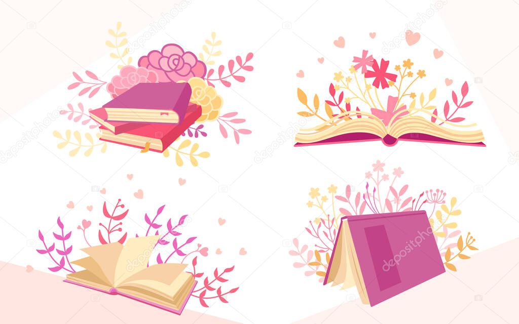 Set book plant pink branches leaves reading vector