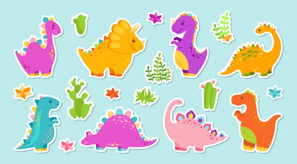 Etiqueta dinosaurio dibujos animados conjunto bebé diseño vector — Vector de stock